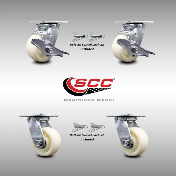 Service Caster 4 Inch Stainless Steel Nylon Caster Set with Roll Bearings 4 Swivel Lock 2 Brake SCC-SS30S420-NYR-TLB-BSL-2-BSL-2 - main